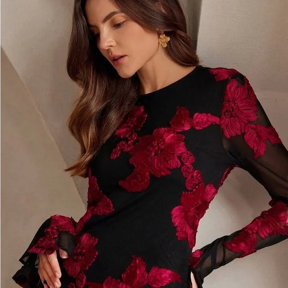 Anewsta Elegant Black and Red Floral Dress - Picture 3 of 14